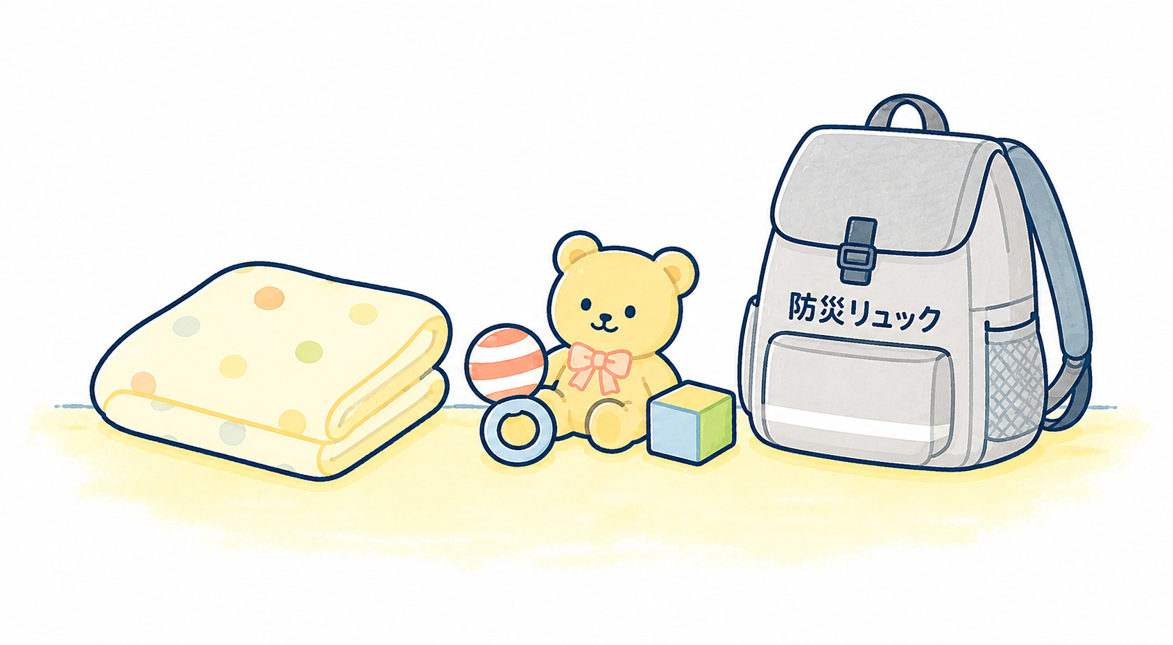 ブランケット・ぬいぐるみ・防災リュックのイラスト