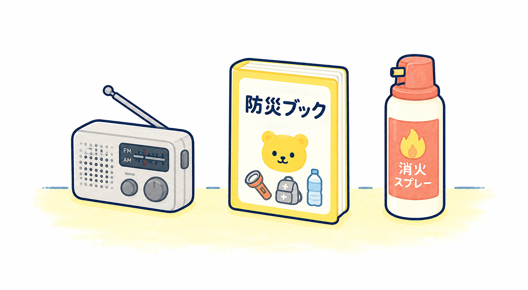 防災ラジオ・防災ブック・消火スプレーのイラスト