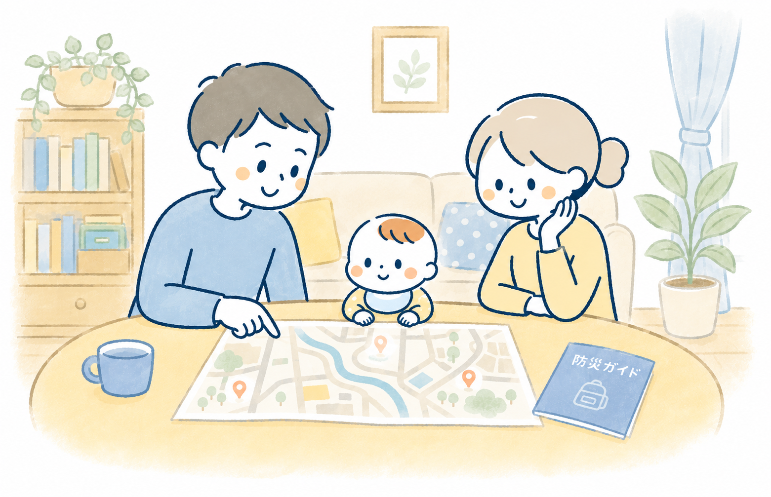 ハザードマップを確認している家族のイラスト