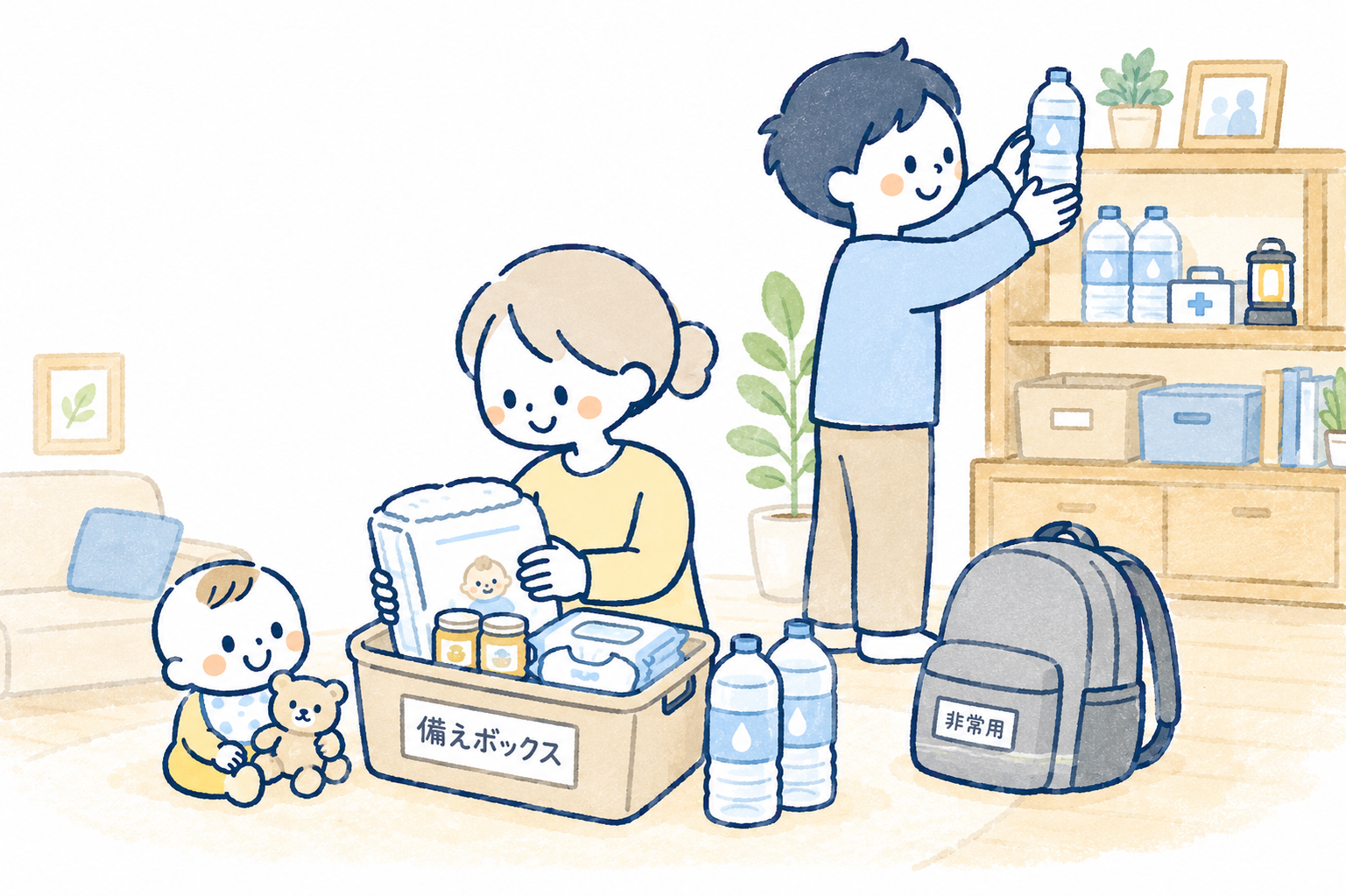備蓄品を整理している家族のイラスト