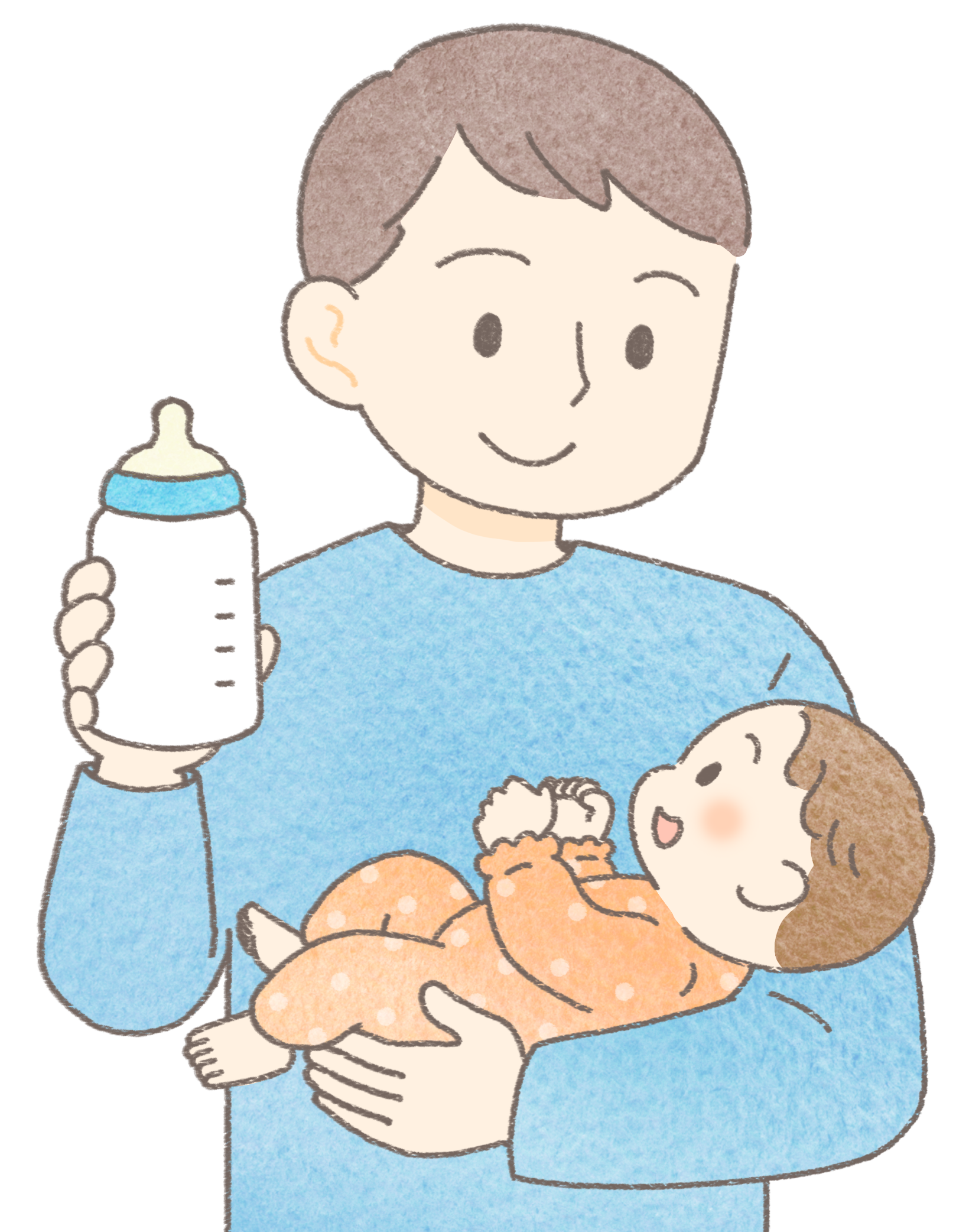 哺乳瓶を準備して手に持ってミルクをあげているパパ