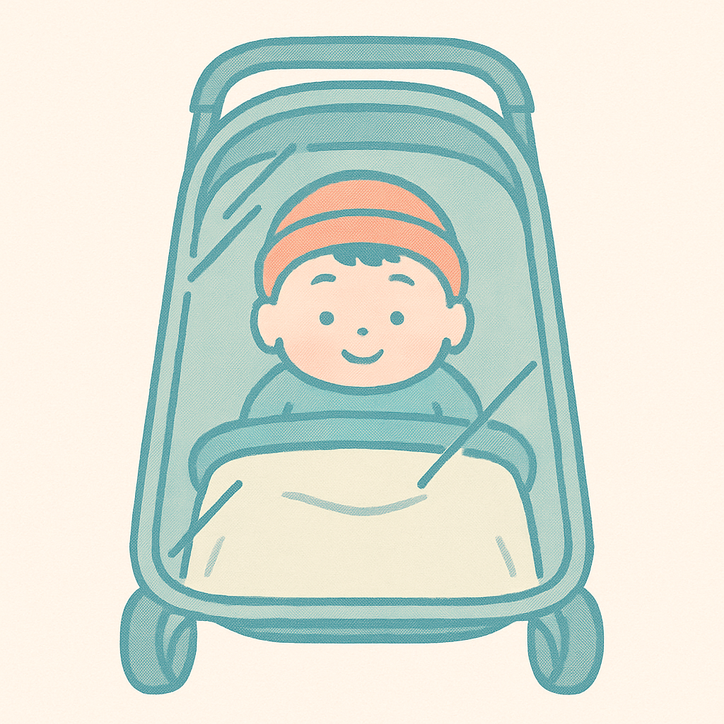 ベビーカーの上にブランケットをかけているイラスト