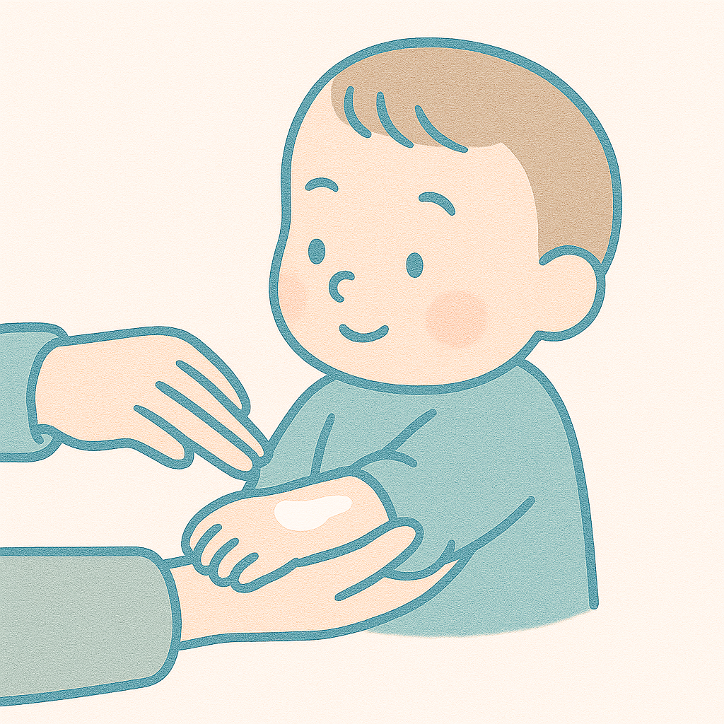 赤ちゃんに保湿クリームを塗っているイラスト