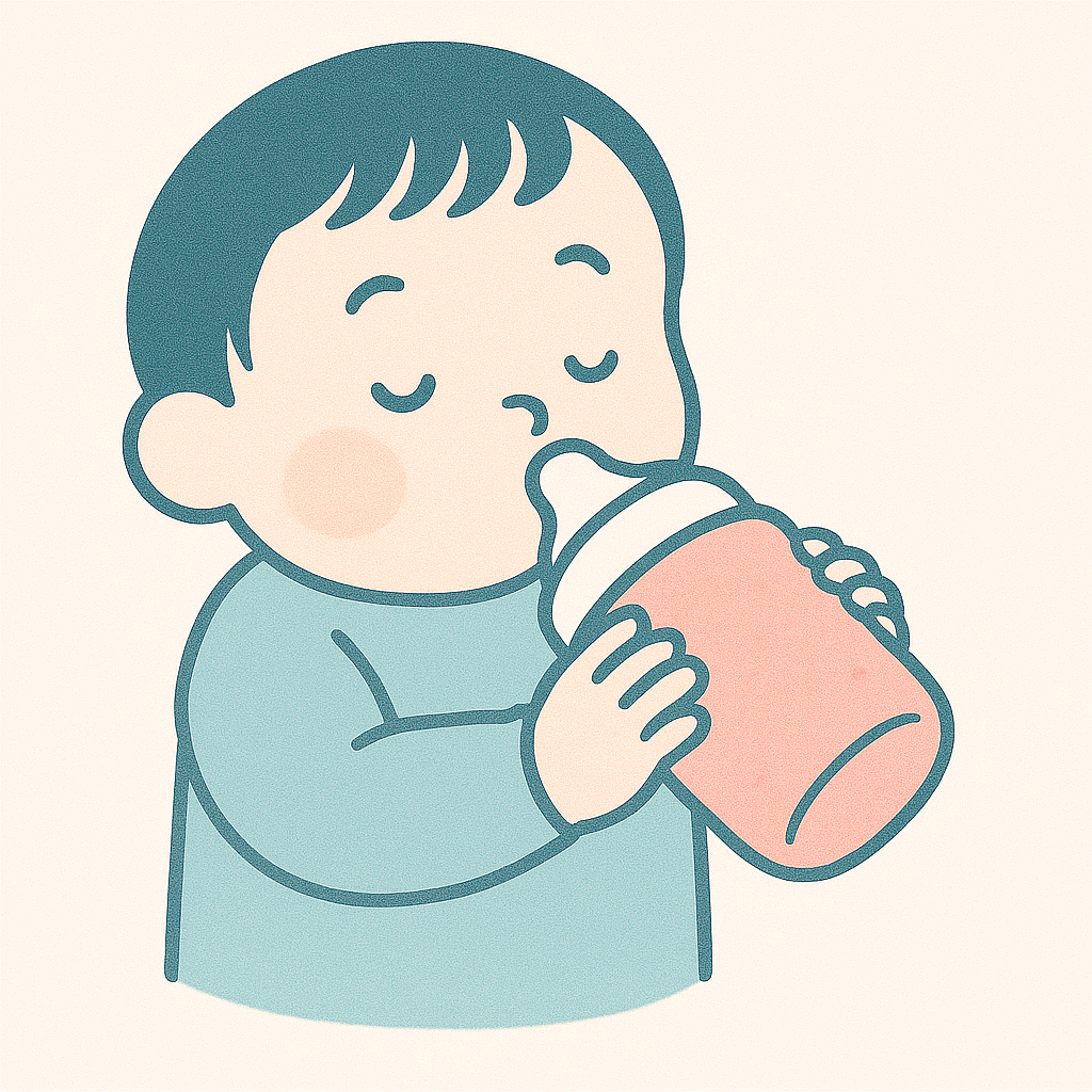 ウォーマーつき哺乳びんでミルクを飲む赤ちゃんのイラスト